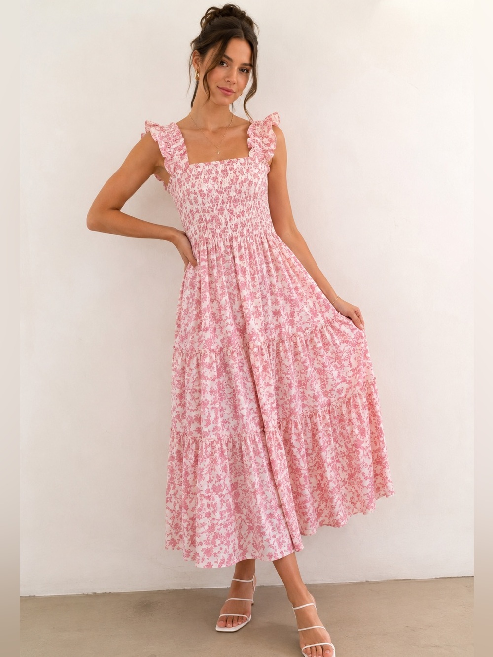 Kourt X Few Moda Calypso Pink Floral Smocked Ruffle Square neck Maxi Tiet Dress